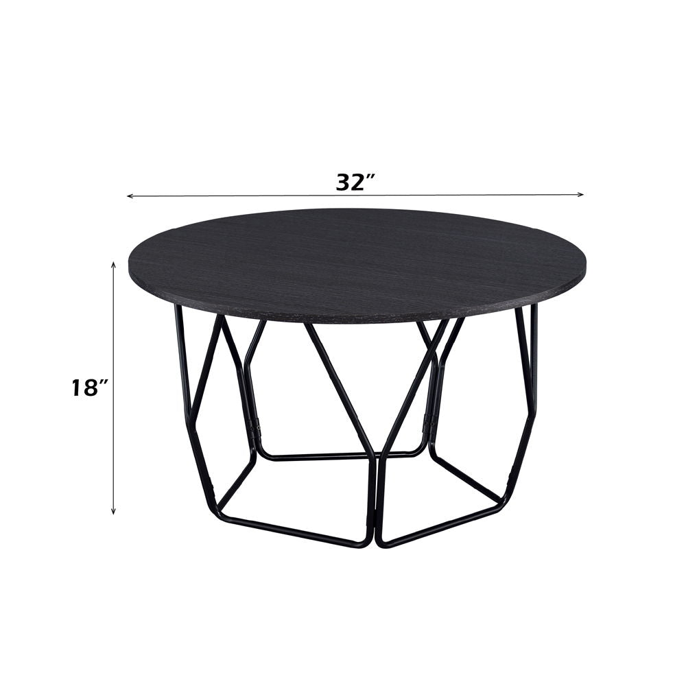 KD, Drum Coffee Table â€¢ NO Storage â€¢ Features: Wooden Top, Drum Shape, Metal Frame (Open Base) â€¢â€¢ CONSTRUCTION â€¢â€¢ TOP) Wooden Round Shape: Espresso Finish, Paper Veneer, PB, Top Size: 15mm Thick (NO Apron) â€¢ BASE) Metal Frame: Black Finish, 