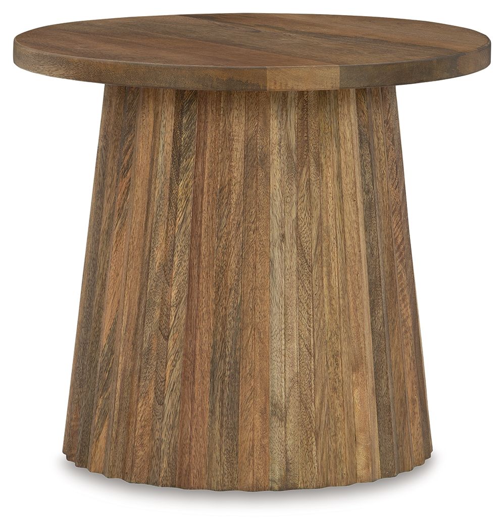 Show off your trend-right sensibilities with this contemporary accent table. Designed for the modern tastemaker, the solid wood piece wows with a fluted base. This organic beauty can be used on its own or grouped with other pieces in the collection. Howâ€