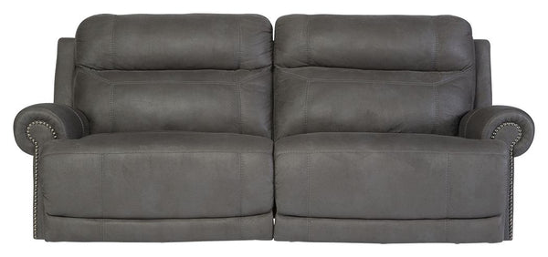 Sparing that -"puffy-" look you might expect from a recliner, this reclining sofa doesn-'t hold back when it comes to contemporary style. Subtle touches such as sporty jumbo stitching, nailhead trim and a -"weather worn-" effect on the upholstery give thi