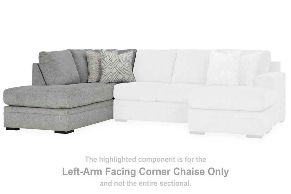 This left-arm facing corner chaise is made with polyester. Pairs with other items in the series to make a sectional.<br><br><b>Additional Dimensions</b><br><ul><li>Arm height: 40-"</li><li>Seat depth: 69-"</li><li>Seat height: 22-"</li><li>Top of cushion 