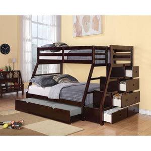 The Jason Bunk bed with storage ladder and trundle was designed to offer functionability while saving space, this twin over full bunk bed is a perfect solution for your children-'s bedroom. Carefully crafted with selected wood and veneers in rich espresso