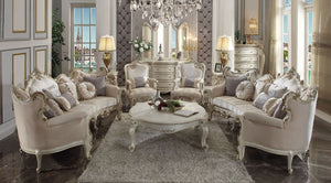 The Picardy sofa collection brings the influence of European antiques to life with traditional carvings, detailed looping, and gorgeous antique pearl finish. The hand applied finish enhances the beauty of the detailed wood work and carvings. The sofa feat
