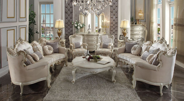 The Picardy sofa collection brings the influence of European antiques to life with traditional carvings, detailed looping, and gorgeous antique pearl finish. The hand applied finish enhances the beauty of the detailed wood work and carvings. The sofa feat