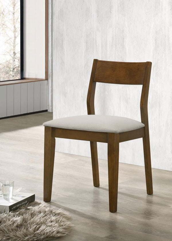  pairing an open wood back with a plush seat cushion. Foam padding and beige upholstery create incredible comfort and support
