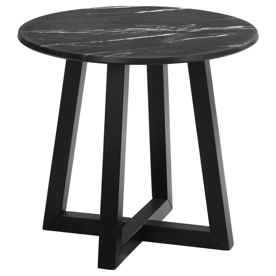 Gracefully poised, the round end table is a modern muse clad in black faux marble, a high-pressure laminate that promises enduring strength and effortless care. This exquisite tabletop, impervious to the whims of daily life, offers the opulent look of mar