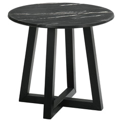 Gracefully poised, the round end table is a modern muse clad in black faux marble, a high-pressure laminate that promises enduring strength and effortless care. This exquisite tabletop, impervious to the whims of daily life, offers the opulent look of mar