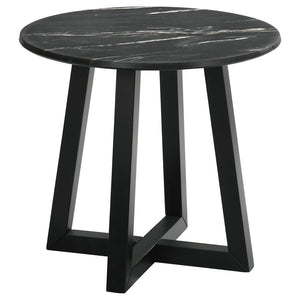 Gracefully poised, the round end table is a modern muse clad in black faux marble, a high-pressure laminate that promises enduring strength and effortless care. This exquisite tabletop, impervious to the whims of daily life, offers the opulent look of mar