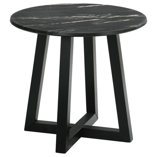 Gracefully poised, the round end table is a modern muse clad in black faux marble, a high-pressure laminate that promises enduring strength and effortless care. This exquisite tabletop, impervious to the whims of daily life, offers the opulent look of mar