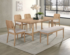 Elevate your dining space with this stylish and modern dining set, designed to blend seamlessly with contemporary and minimalist interiors. Crafted with a warm wood finish, this collection exudes natural charm while offering durability and stability. The 