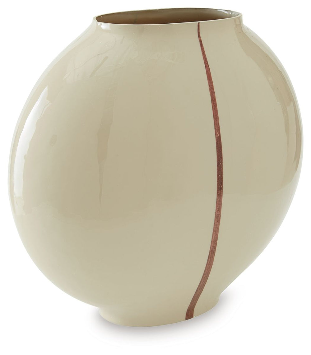 Create a contemporary vibe for your coffee table, shelf or foyer with this vase. An eye-catching metallic accent showcases its softly rounded shape, bringing a modern flair to the otherwise timeless form. The vase serves as a sculptural accent on its own,
