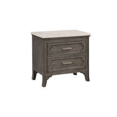 Elevate your bedside with the Lisbon Marble Top Nightstand in Gray. Crafted from Acacia solid wood and eco-friendly embossed oak laminate, this nightstand promises lasting strength and durability. Its multi-step gray finish enhances the natural beauty of 