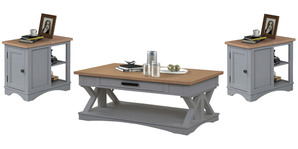 Destined to be the heart of any conversation area, the Americana Modern Cocktail Table is a must-have. Crafted in a versatile Dove grey finish, it features a contrasting wood-grain top in Weathered Natural. A lower open area is perfect for storage and dis