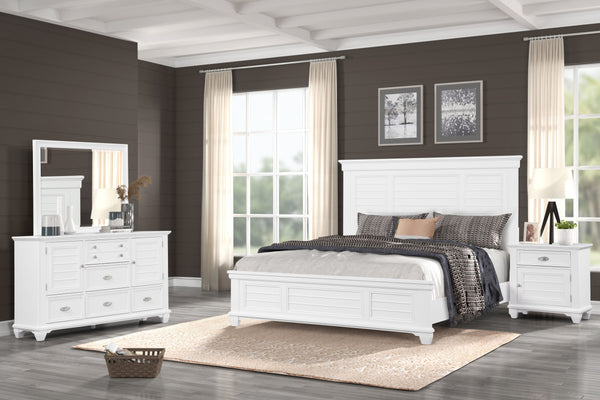 The Jamestown 4-Piece Wood Bedroom Set in White is a perfect combination of durability, style, and functionality for your bedroom. This set includes a Panel Bed, Dresser, Mirror, and Nightstand, all crafted from solid Acacia, premium manufactured woods, a