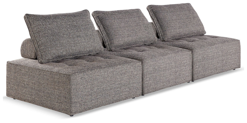 This modular seating set seeks to bring serenity to your outdoor seating area. Channeling Japandi and casual contemporary aesthetics, its low profile encourages laid-back living without sacrificing sophistication. The included back cushions complete momen