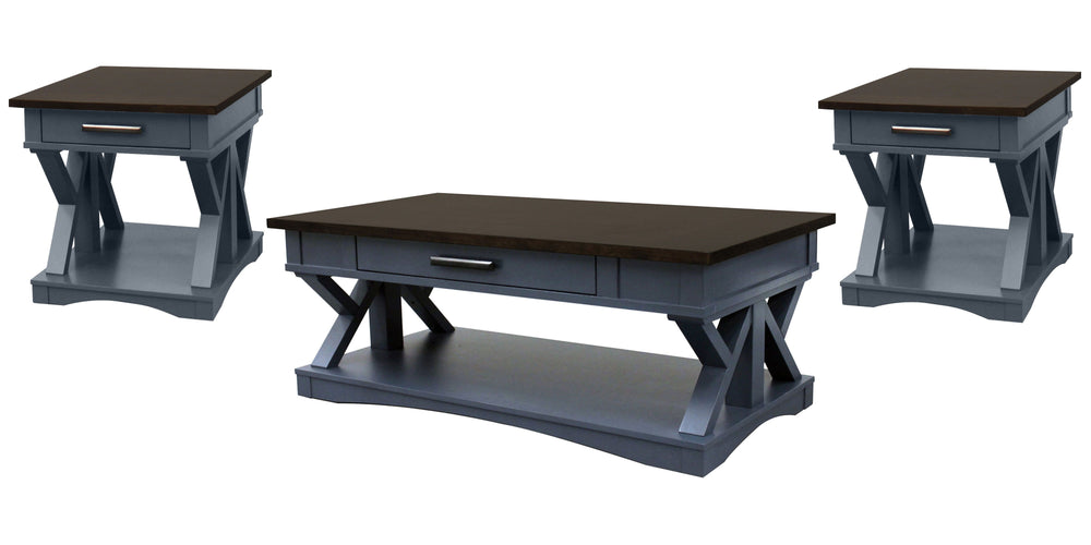 Destined to be the heart of any conversation area, the Americana Modern Cocktail Table is a must-have. Crafted in a denim finish, it features a contrasting wood-grain top in Sable. A lower open area is perfect for storage and display while a center drawer