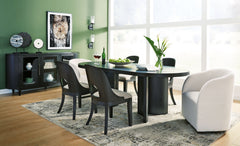 Contemporary lifestyle design. Made of hardwood solids and ash veneer. Rich layered black finish on textured wood grain surface. Collection is inspired by Art Deco designs with trend-right curved silhouettes. Table features an oval design and architectura