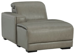 This left-arm facing power reclining back chaise is made with a combination of 100% top grain leather and faux leather upholstery. Pairs with other items in the series to make a sectional.<br><br><b>Additional Dimensions</b><br><ul><li>Seat width: 27.5-"<