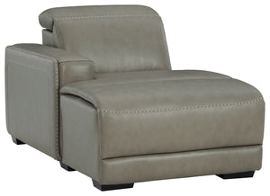 This left-arm facing power reclining back chaise is made with a combination of 100% top grain leather and faux leather upholstery. Pairs with other items in the series to make a sectional.<br><br><b>Additional Dimensions</b><br><ul><li>Seat width: 27.5-"<
