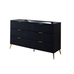 The Kailani 6 Drawer Dresser in black combines modern design, durability, and eco-friendly craftsmanship, making it a stylish and sustainable choice for any bedroom. This dresser is expertly crafted from a blend of solid rubberwood, engineered wood, and e