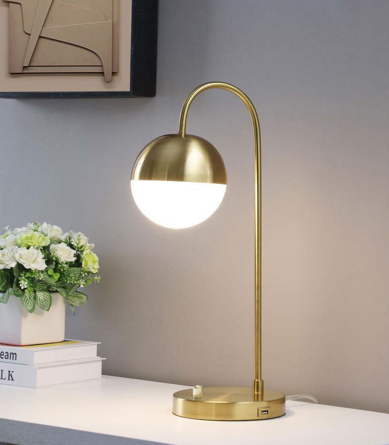 Hints of vintage design infuse a modern table lamp with appealing charm. Great for a desk or side table, the lamp features a slim J-hook arm and round base for a classic stance that delivers diffuse illumination for tasks and ambiance. Its domed metal sha