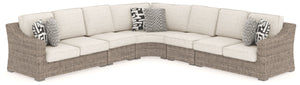 Sporting an easy-on-the-eyes look inspired by driftwood, this 6-piece sectional elevates the art of indoor-outdoor living. Beautiful and durable enough for indoor and outdoor use, this high-style/low-maintenance sectional entices with plush, removable cus