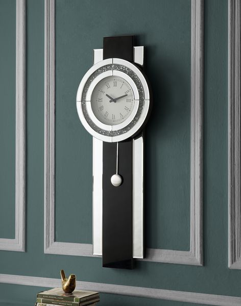 Noralie - Wall Clock - Black - 14-"<br/><br/><b>Product Features</b><ul><li>Assembled</li><li>Glam Style</li><li>Pendulum Clock</li><li>Case: 1Pc/1Ctn</li><li>Finish: Black, Mirrored & Faux Diamonds</li><li>Style: Glam</li><li>Materials: Composite Wood, M