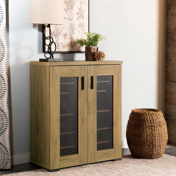  rustic aesthetic. Crafted from engineered wood with a golden oak wood-look laminate veneer