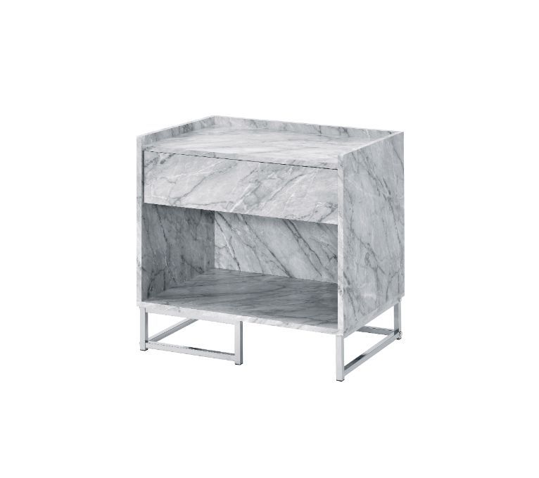 KD 1 Storage Drawer & 1 Open Storage Compartment Metal Base Side Metal Drawer Glide 1/2 Extension Drawer Glide Table Top Thickness: 0.59-"<br/><br/><b>Product Features</b><ul><li>Case: 1Pc/1Ctn</li><li>Finish: White Printed Faux Marble & Chrome Finish</li