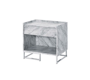 KD 1 Storage Drawer & 1 Open Storage Compartment Metal Base Side Metal Drawer Glide 1/2 Extension Drawer Glide Table Top Thickness: 0.59-"<br/><br/><b>Product Features</b><ul><li>Case: 1Pc/1Ctn</li><li>Finish: White Printed Faux Marble & Chrome Finish</li