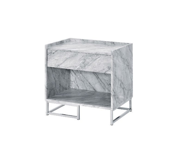 KD 1 Storage Drawer & 1 Open Storage Compartment Metal Base Side Metal Drawer Glide 1/2 Extension Drawer Glide Table Top Thickness: 0.59-"<br/><br/><b>Product Features</b><ul><li>Case: 1Pc/1Ctn</li><li>Finish: White Printed Faux Marble & Chrome Finish</li
