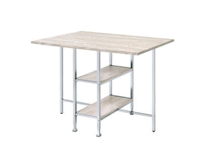 Alluring in its simplicity and function, this versatile counter high table is design with two open shelves on the base. Comprised of stark lines and sleek angles, its modern metal base paired with wooden shelves tell us simple really is better. A chrome f