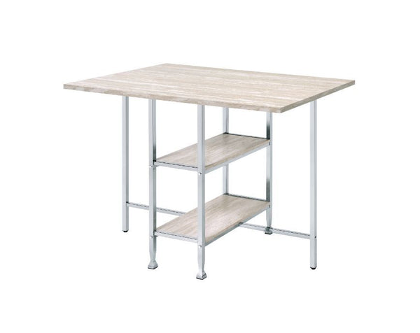 Alluring in its simplicity and function, this versatile counter high table is design with two open shelves on the base. Comprised of stark lines and sleek angles, its modern metal base paired with wooden shelves tell us simple really is better. A chrome f