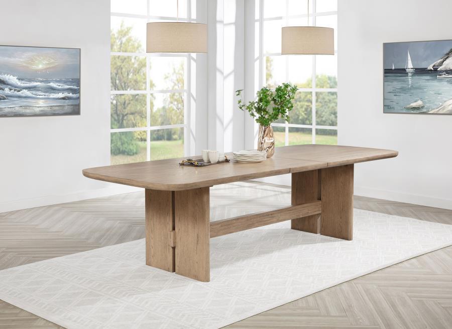 This elegant dining table brings both functionality and style to your home, with its expansive profile and warm, natural wood grain. Crafted from solid wood, engineered wood, and oak veneer, it exudes timeless appeal and durability. The 18-inch extension 
