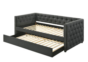 Maximize the space in your guest room with this Romona daybed & trundle. An excellent choice for any guest room that doubles as a study, or as extra sleeping space in a bedroom. Beautiful, timeless details such as button tufting and nail-head trim accents