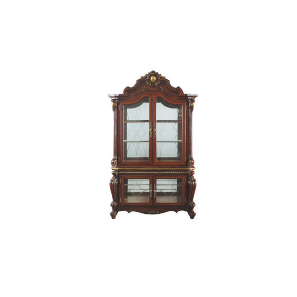 Curio Cabinet STORAGE: TOP) 2 Glass Doors (3 Compartments with 2 Glass Shelves, Mirrored Back), Touch Light BASE) 2 Glass Doors (2 Compartments with 1 Glass Shelf, Mirrored Back) Oversized Crown, Raised Moldings, and Scrolled Motifs (Poly-Resin) Glass Thi
