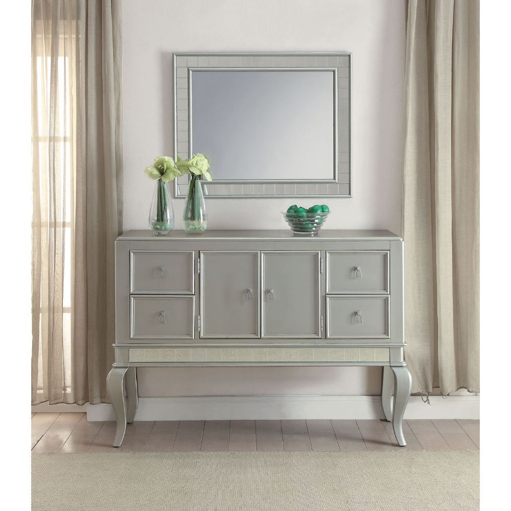Server w/4 Drw & 2 Wooden Doors (1 Shelf Inside) Base: Mirror Trim Inlay Drawer: GLIDE Wood, DT French, Felt-Lined Not Included KD, Wooden Cabriole Leg<br/><br/><b>Product Features</b><ul><li>Case: 1Pc/1Ctn</li><li>Finish: Champagne</li><li>Style: Transit