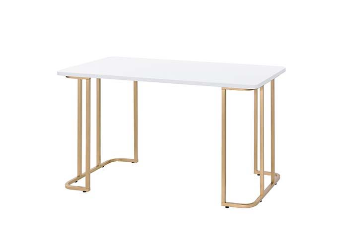 Personify your workplace with some bold, clear and strong accessories. The Estie Writing Desk boasts a clean-lined metal sled base, with gold finish enhancing its modern silhouette. White rectangle table top offers a spacious and clean workplace. Simple a