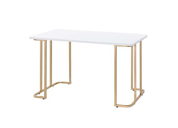 Personify your workplace with some bold, clear and strong accessories. The Estie Writing Desk boasts a clean-lined metal sled base, with gold finish enhancing its modern silhouette. White rectangle table top offers a spacious and clean workplace. Simple a