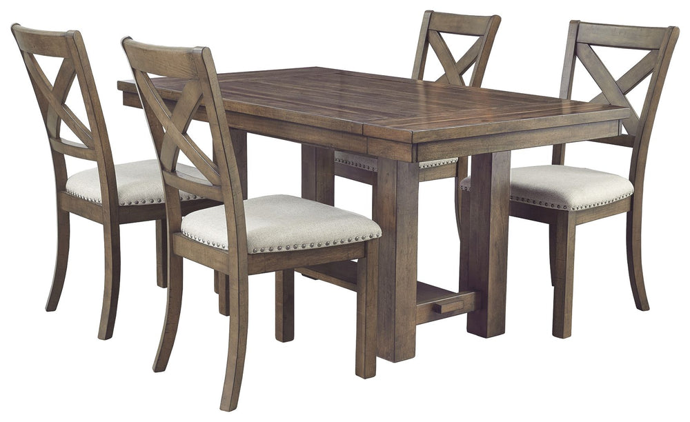 This dining room extension table elevates the art of casual rustic style. Clean-lined, farmhouse profile is beautified with a distressed nutmeg finish and thick planked effect top for added charm. And with not one but two drop-in leaves, you can easily ac