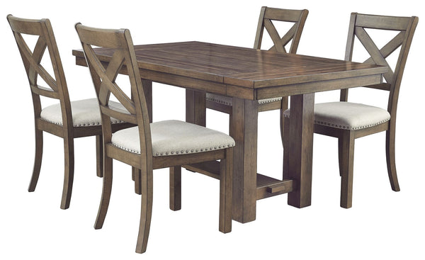 This dining room extension table elevates the art of casual rustic style. Clean-lined, farmhouse profile is beautified with a distressed nutmeg finish and thick planked effect top for added charm. And with not one but two drop-in leaves, you can easily ac