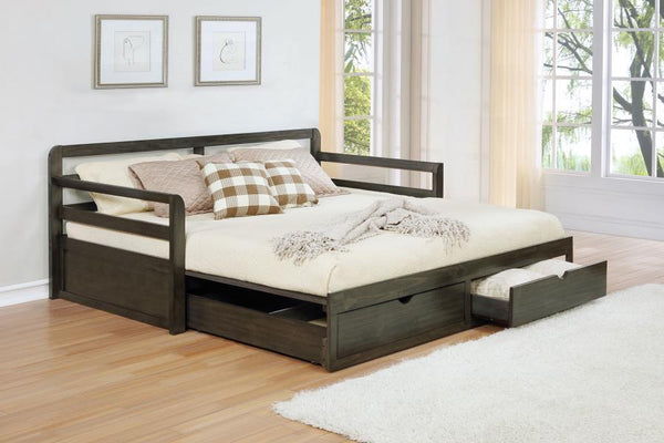  and MDF and is mattress-ready (no foundation required). Bed showcases storage footboard with two built-in drawers for linens and othe