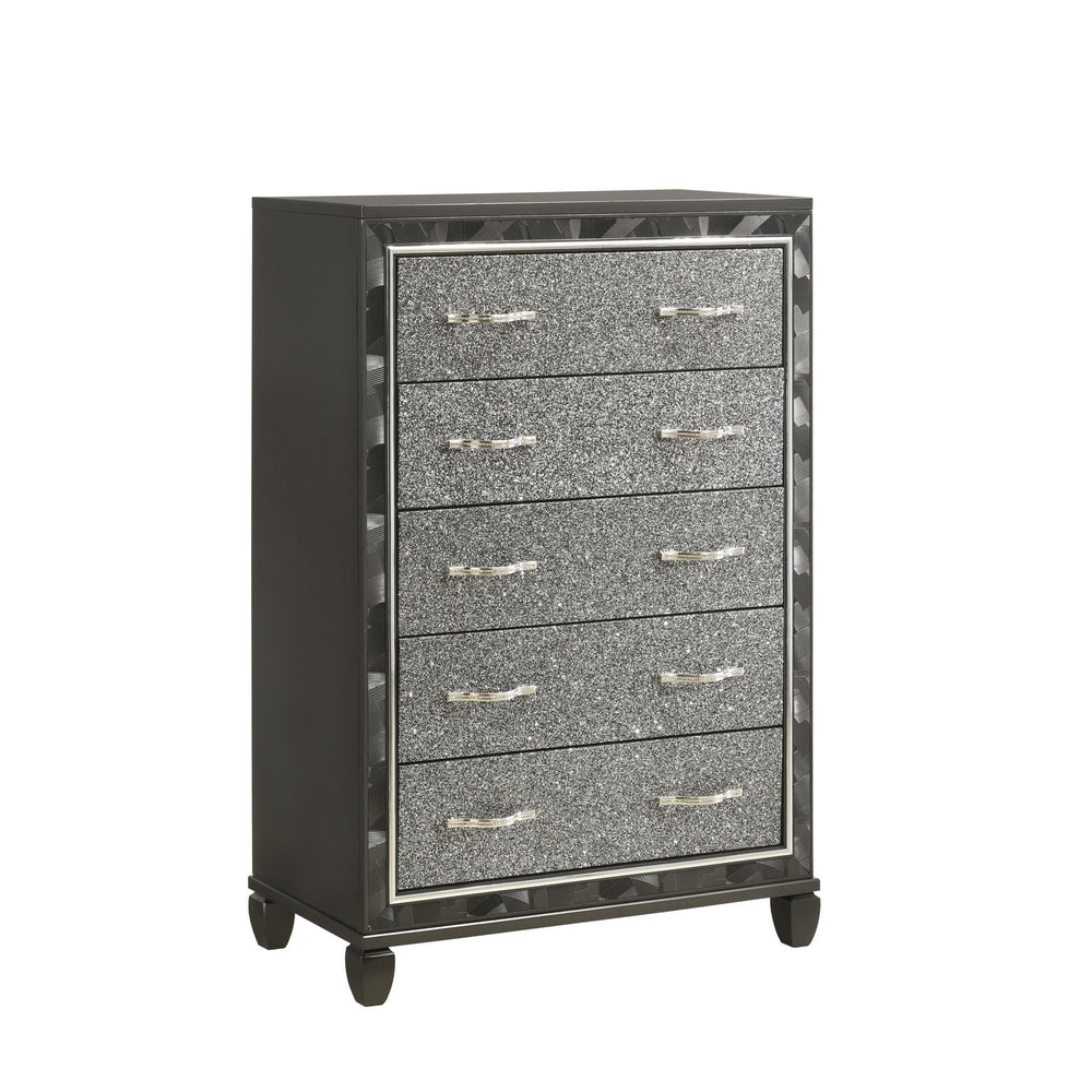 Introducing the Radiance 5 Drawer Chest in Black Pearl, meticulously crafted for lasting stability and durability from a combination of Solid Rubberwood and manufactured woods. Its semi-gloss lacquer black pearl finish lends a silky, modern touch to this 
