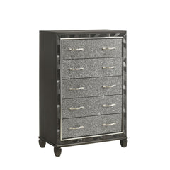 Introducing the Radiance 5 Drawer Chest in Black Pearl, meticulously crafted for lasting stability and durability from a combination of Solid Rubberwood and manufactured woods. Its semi-gloss lacquer black pearl finish lends a silky, modern touch to this 
