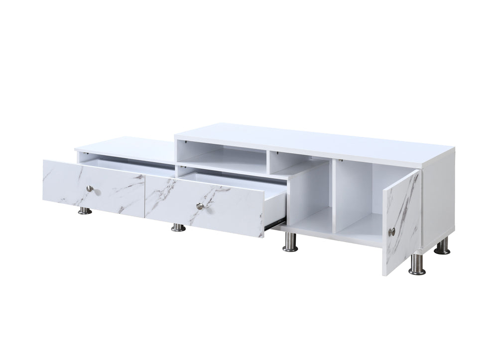 Embrace modern sophistication and functionality with this stunning entertainment console, designed to be the centerpiece of any contemporary living space. Featuring a sleek white finish with elegant faux marble accents, this piece combines luxury and prac