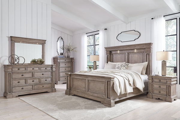 Casual Traditional styling. Made with hardwood solids, oak and ash veneer, cast resin components and engineered wood substrates. Light warm grayish brown glazed wood finish. Cases feature break front pilasters, inset framed drawers and inlayed ash veneer 