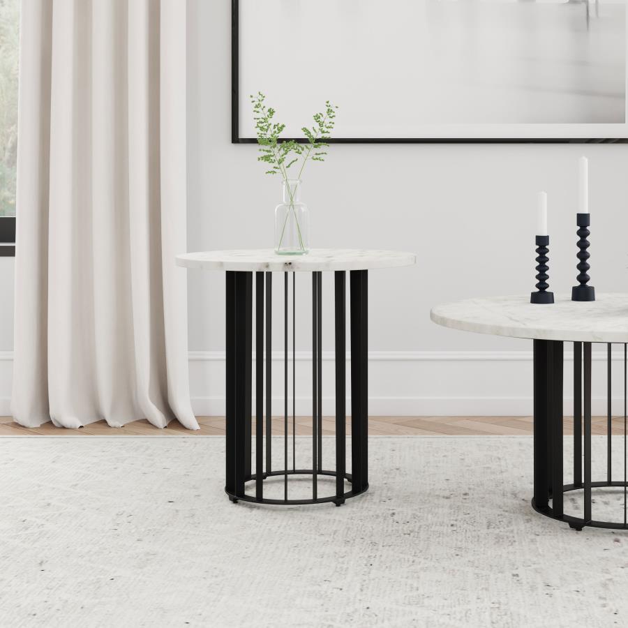 This end table combines contemporary style with premium materials, featuring a 20-inch diameter genuine marble top and a sturdy iron metal base. The open, vertical rod design creates an airy and modern look while providing reliable support. Its compact si