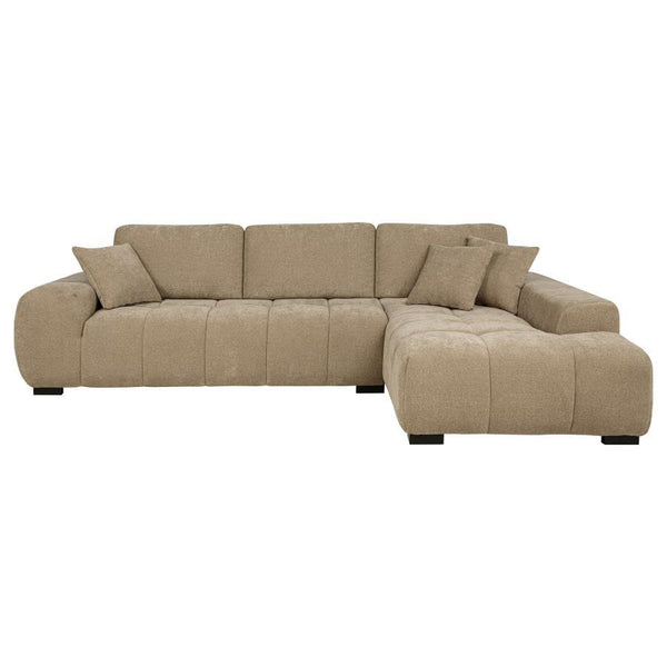  rounded arms and plush waterfall seat cushions adorned with subtle grid tufting. Soft