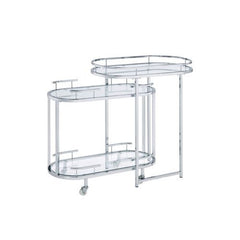 This serving cart and bar table are perfect for your next party! The chrome frame and wheels on the serving cart make it easy to move around, and the shelf gives you a place to store your favorite drinks. Put it in the center of your living room or dining