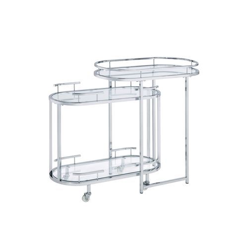 This serving cart and bar table are perfect for your next party! The chrome frame and wheels on the serving cart make it easy to move around, and the shelf gives you a place to store your favorite drinks. Put it in the center of your living room or dining