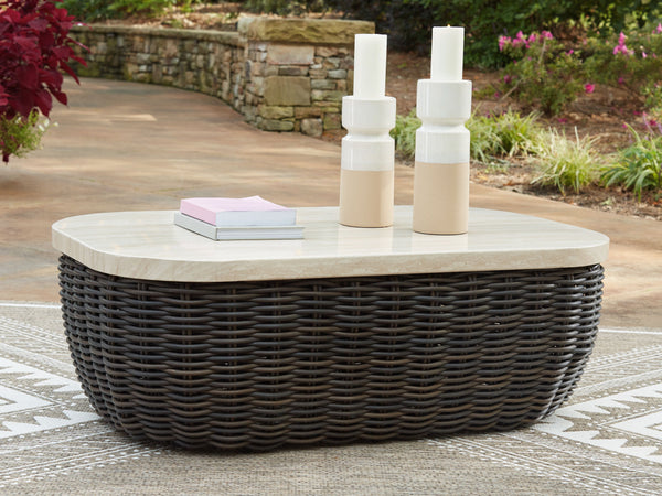  convenience and durability to alfresco fun. This outdoor coffee table captures the textural beauty of wicker while withstanding the elements